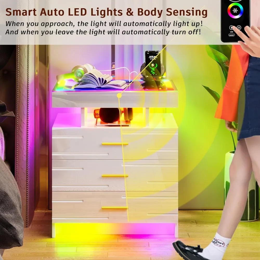 LED Nightstand with Wireless Charging Station & USB Ports, Modern Night Stand with 24 Color Lights, High-Gloss Bedside Tables