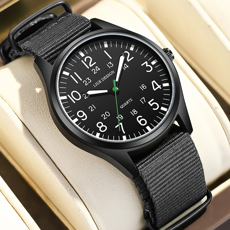 LIGE ساعة رجالية جديدة موضة الأعمال ساعة رجالية العلامة التجارية الفاخرة حزام النايلون العسكرية الرياضة مقاوم للماء ساعات المعصم الكوارتز الرجالية