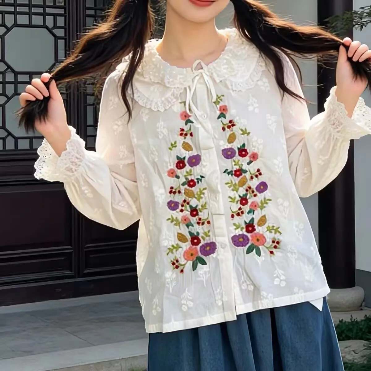 

Японские рубашки и блузки с длинным рукавом в весенне-осеннем стиле, с вышивкой, из хлопка, с цветочным принтом, для женщин