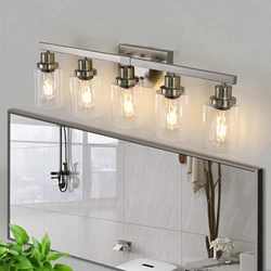 Modern 5/6 Lights Bathroom Vanity Light Fixture - Brushed Nickel Finish with Clear Glass Lampshade