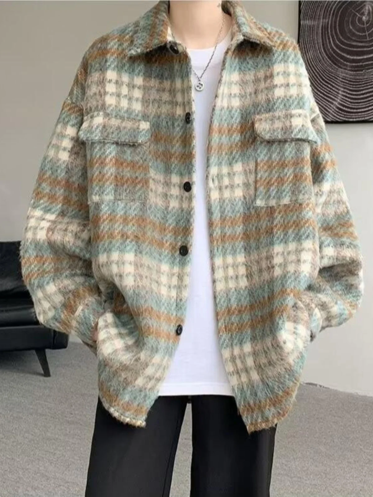 

Men's Loose Casual Woolen Coat Spring Autumn Winter Plaid irt Faionable Brand High-End Feelings Youth ular Sle