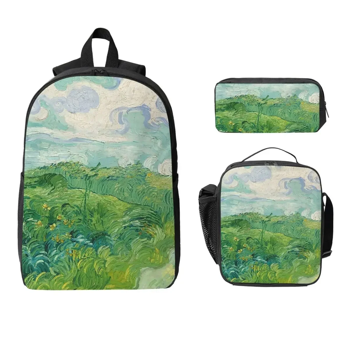 Green Wheat Fields, Auvers, Vincent Van Gogh Backpack BookBag School Bag Shoulder Bags 3ps Insulated Lunch Bag Pencil Case