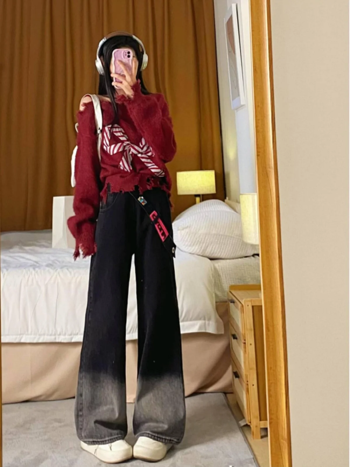 High Waist Wide Leg Jeans Women's Casual Sle adient Color High Waist Zipper Design Spring Faion plus Size Loose Fit Pants
