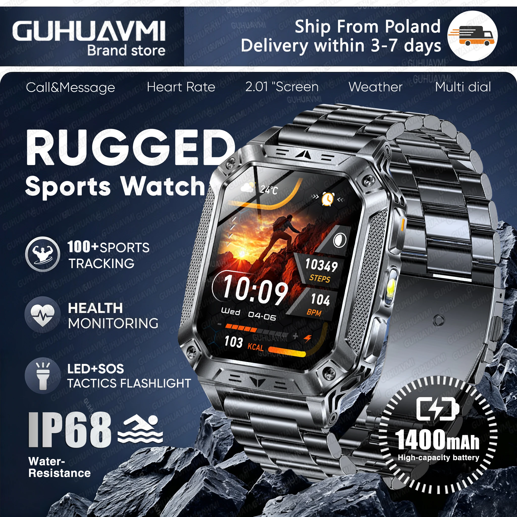 Montre connectée militaire TANK pour hommes, nouvelle batterie de grande capacité 1400mAh, étanche IP68, lampe de poche LED pour l'extérieur, appel Bluetooth, montre connectée de sport, 2026