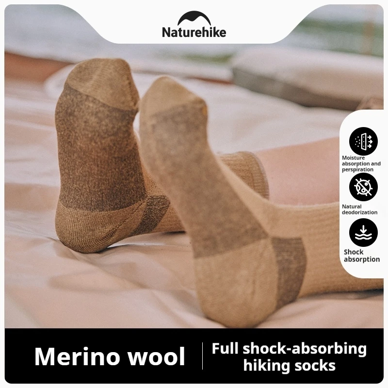 Meias de lã merino mornas espessadas Naturehike para homens e mulheres, meias esportivas longas de meia panturrilha, acampamento ao ar livre e caminhadas 1 par, inverno