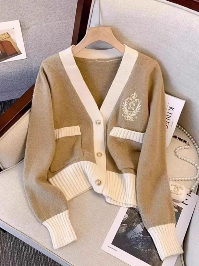 Retro V-neck Contrast Border Embroidered Wheat Long Sleeved Knitted Cardigan College Elegant Women Sweater Coats Autumn Casual