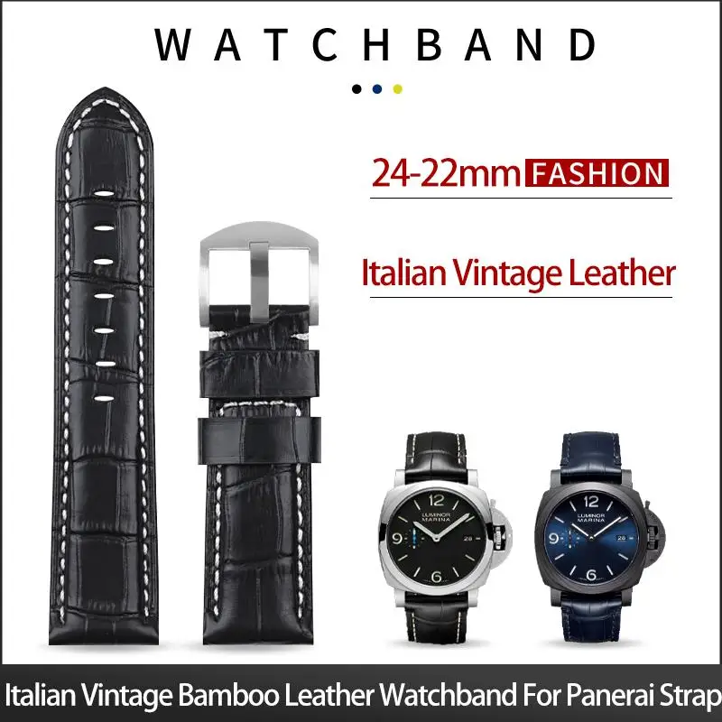 

NFR Imported Italian Vintage Bamboo Leather Watchband Black Yellow Blue Watch Band 24mm Wristband Accessories For Panerai Strap