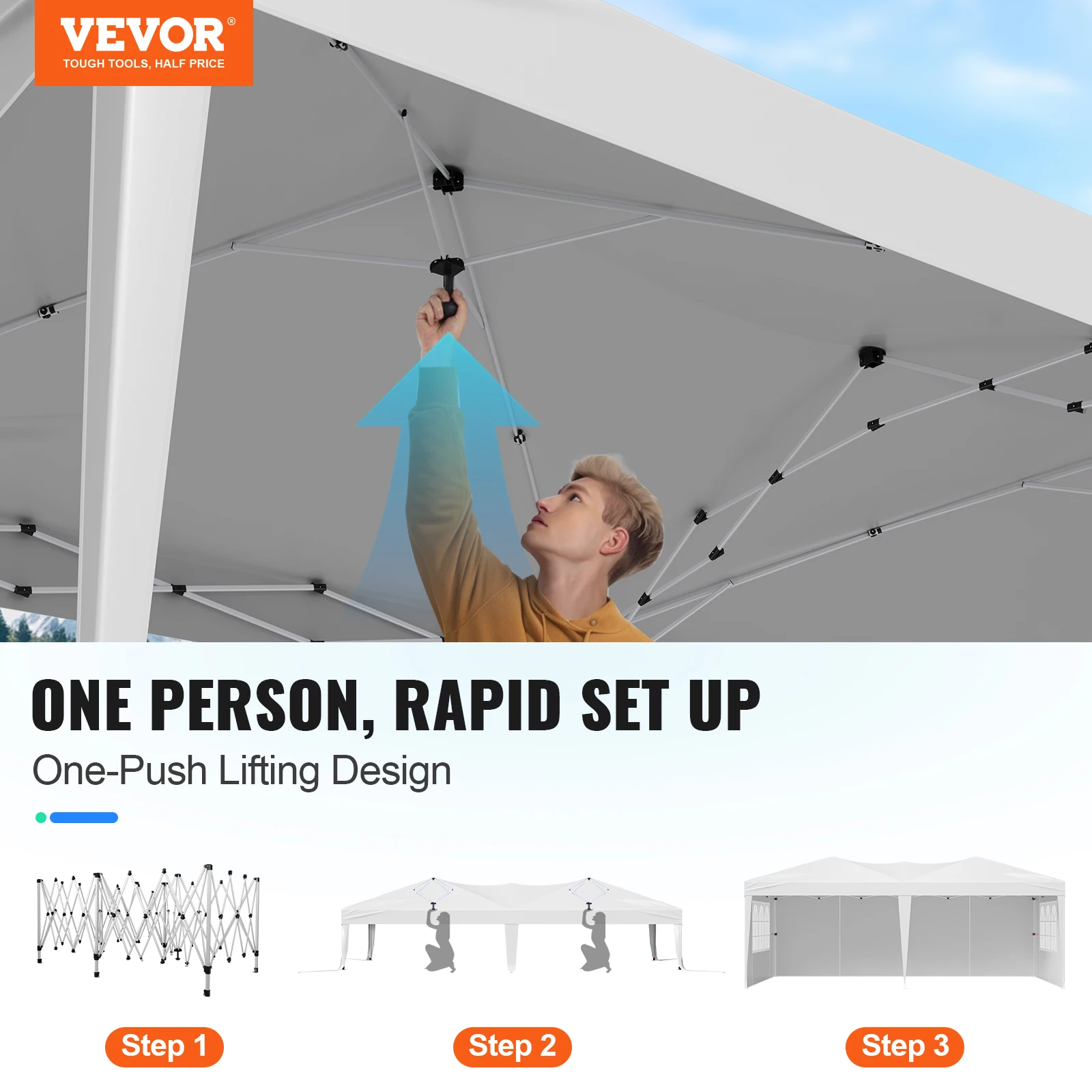 VEVOR Pop Up Canopy 10x20ft Instant Pop Up Gazebo Tent Portable Easy Up Canopy 3 Height Settings Outdoor Patio Sun Shelter