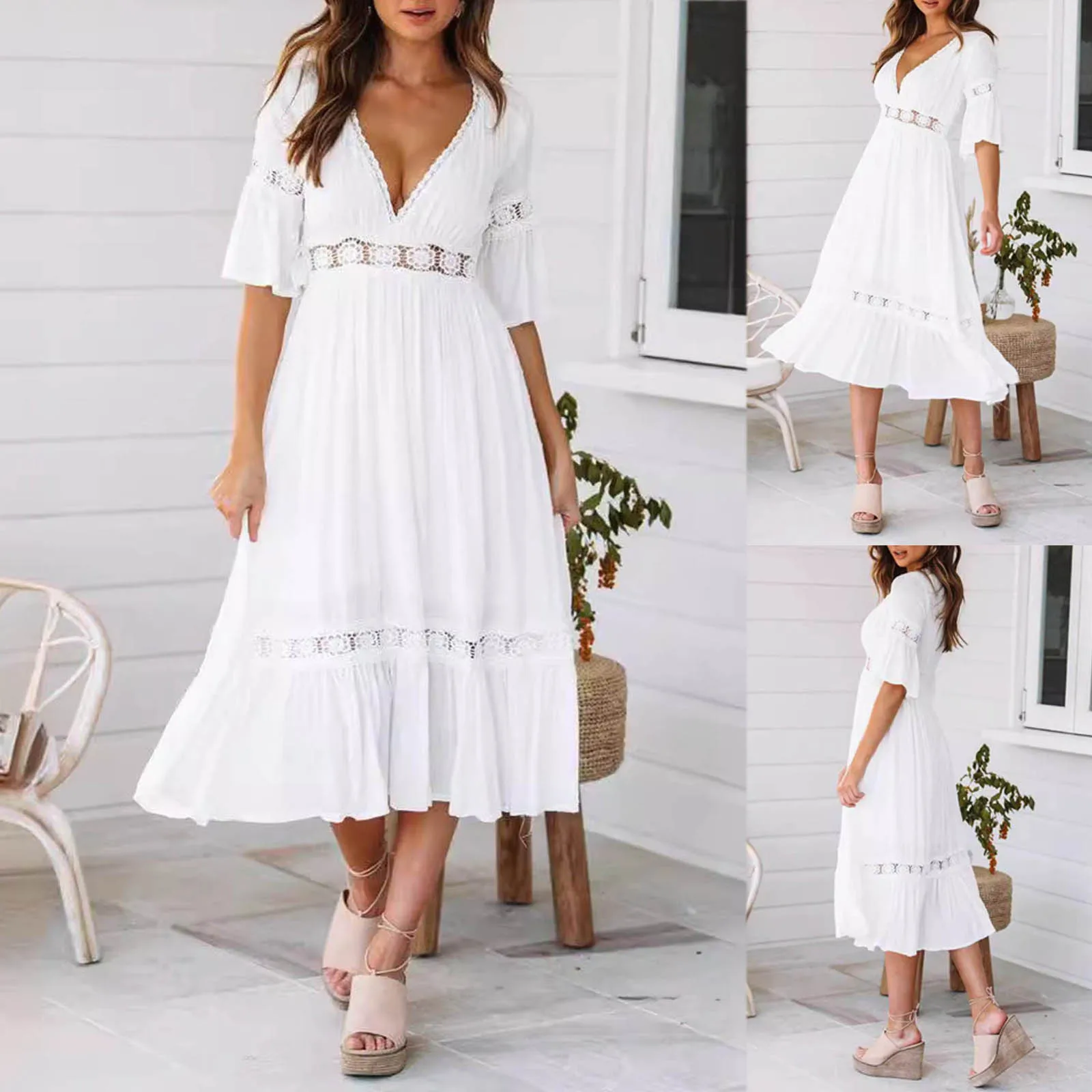 

Lace Splice White Party Dresses Women 2024 Summer Dance Wear A-Line Midi Elegant Dress Sexy Deep V Neck Lace Chic Vestidos