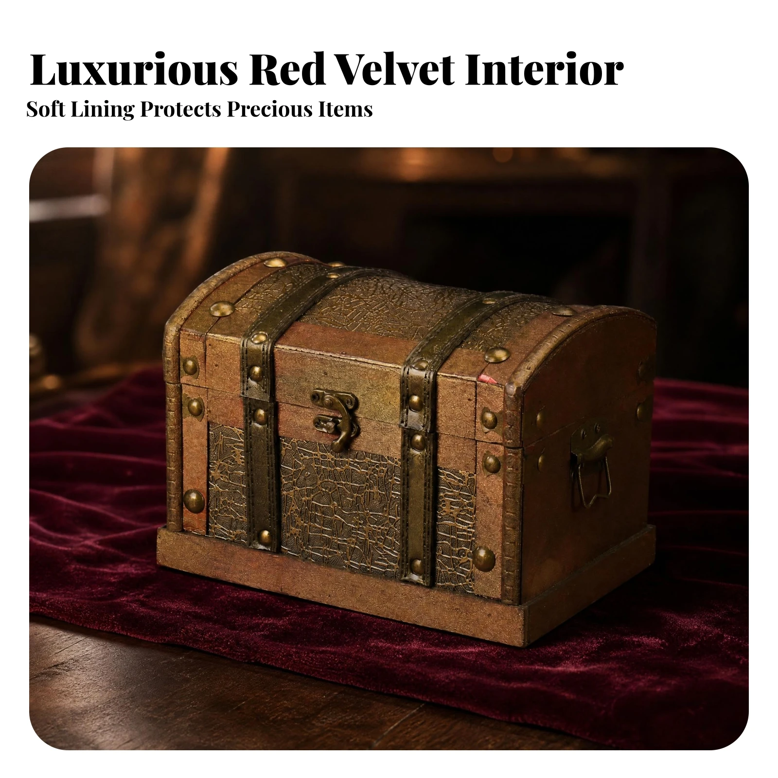 Gold-Toned Wooden Treasure Chest Vintage Storage Chest Decorative Keepsake Box Multipurpose Arched Lid for Photo Prop