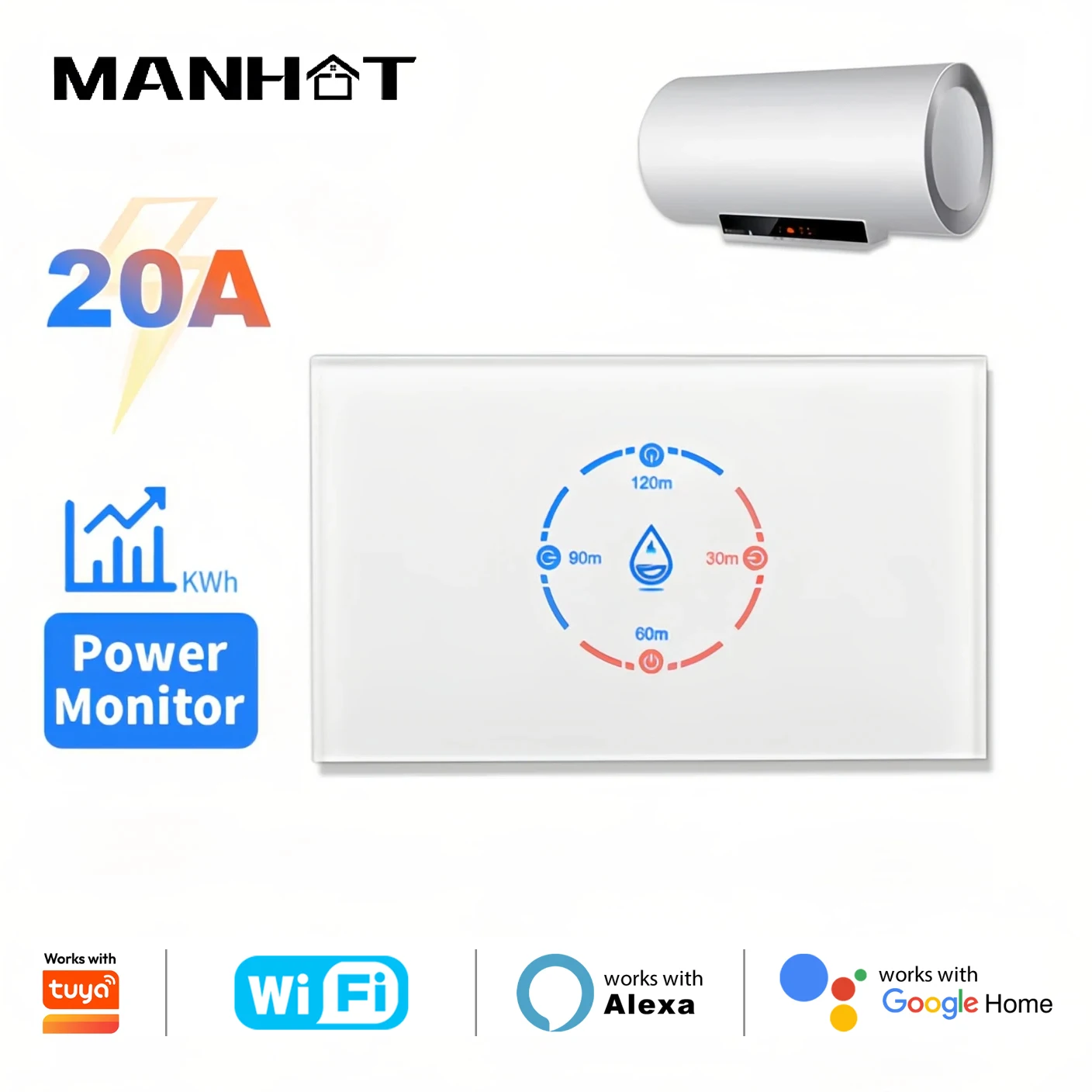 Smart WiFi Boiler Switch with Energy Monitoring 4400W Smart Water Heater Switch 20A US Standard Work with Tuya Alexa Google Home