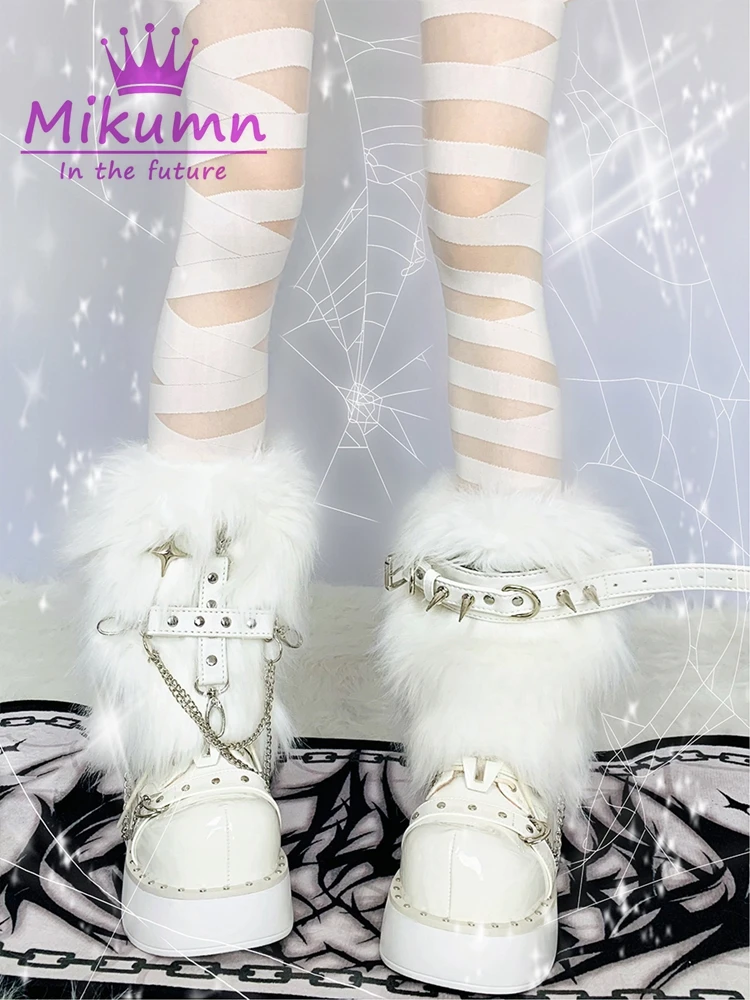 Harajuku Rock Punk Furry Leg Warmer Socks Y2K Gothic Cross Rivet PU Metal Buckle White Faux Fur Warm Boot Covers Chic Streetwear