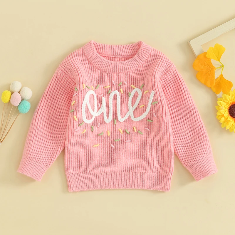 Baby Girl First Birthday Sweater Casual Long Sleeve Round Neck Letter Embroidery Ribbed Knit Pullover Sweater Toddler Clothes