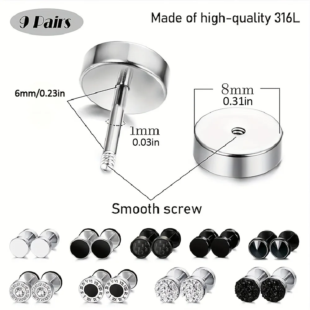 Sophisticated Faux Gauge Stud Set: 9 Pairs Hypoallergenic 316L Steel, 18K Gold-Plated Men's Earrings with Zirconia Sparkle