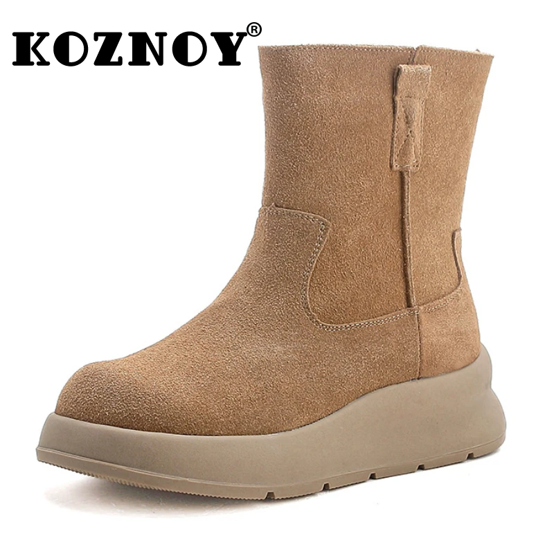 Koznoy 5cm Cow Suede Genuine Leather Ladies Women Soft Spring Autumn Platform Wedge Boot  Ethnic Flat Winter Ankle Spring Shoes