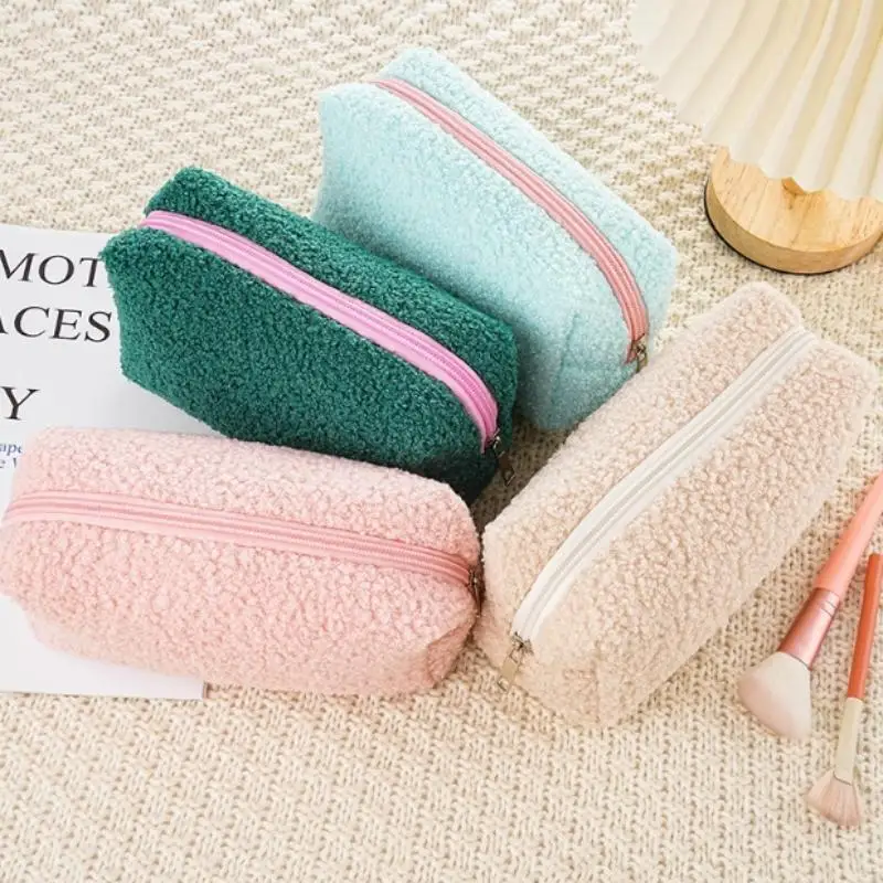 Cute Plush Makeup Bag For Women Portable Travel Small Cosmetic Bags Solid Color Zipper Toiletry Bag Washing Pouch Storage Bags