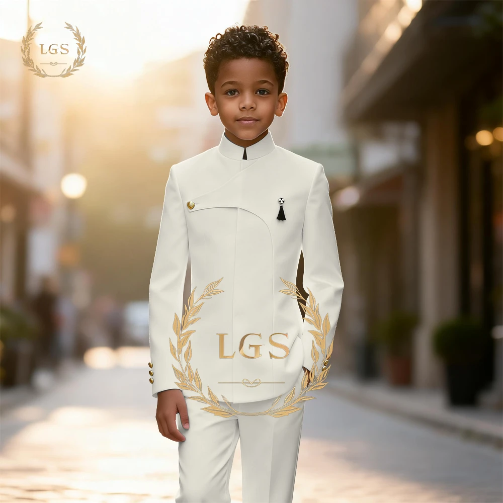 Boys' Custom Premium 2-Piece Suit Set – Stand Collar Asymmetric Blazer & Dress Pants for Special Occasions
