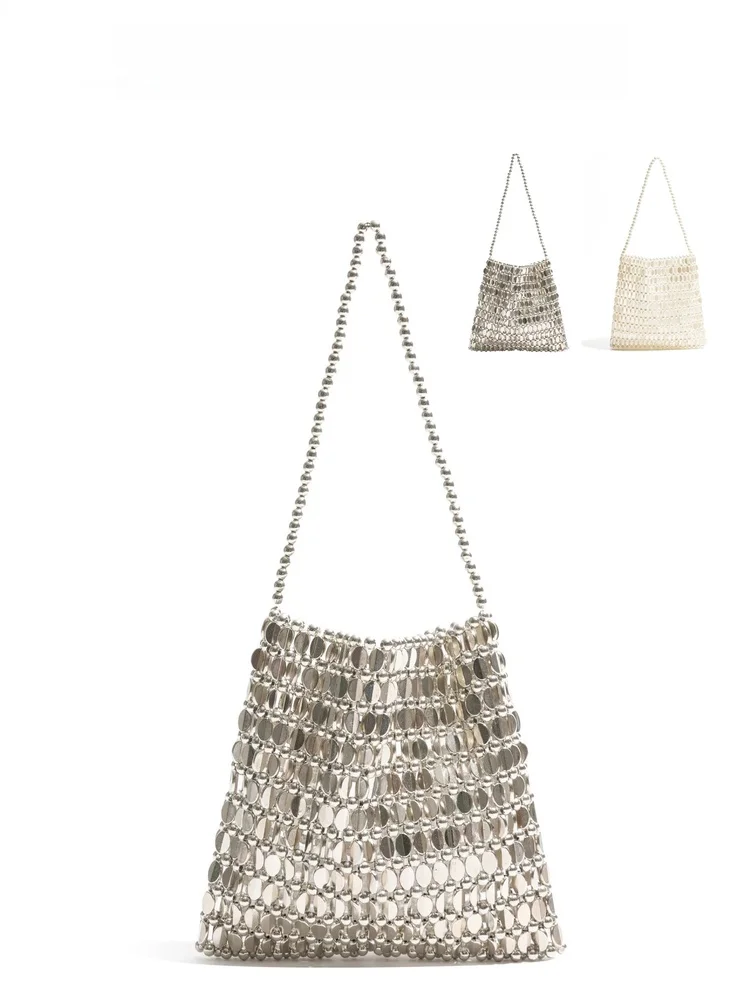 

iny Silver Metal Tead Women's Bag Underarm High-End 2025 New Sle Retro Flaing Handbag Single oulder Bag