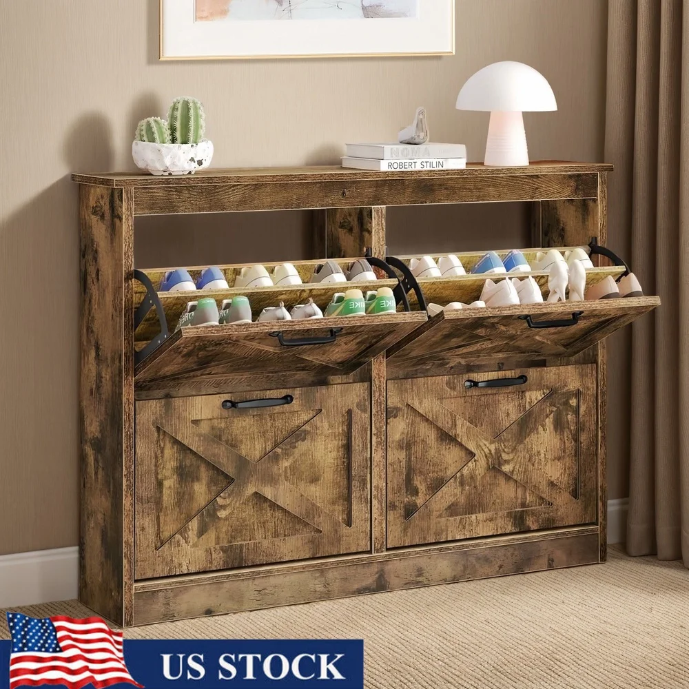 

Narrow Freestanding Shoe Cabinet with 4 Flip-Down Drawers Space-Saving Storage Entryway Hallway Living Room Brown