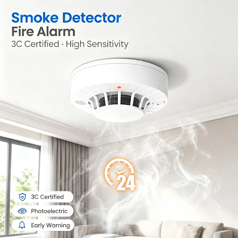 Smoke Detector Fire Alarm 3C Certified High Sensitivity Photoelectric Smoke Alarm Home Security Fire Safety Early Warning System