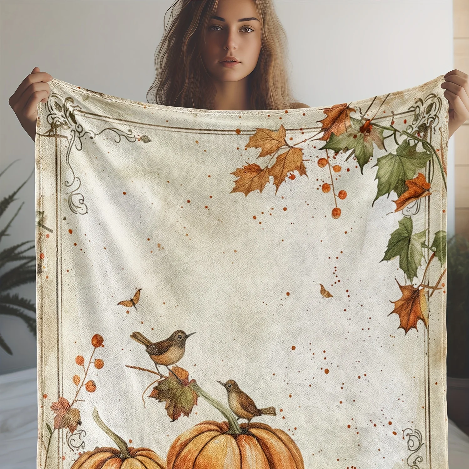 Vintage Autumn Blanket: Cozy and Soft with Bird, Pumpkin, and Maple Leaf Design