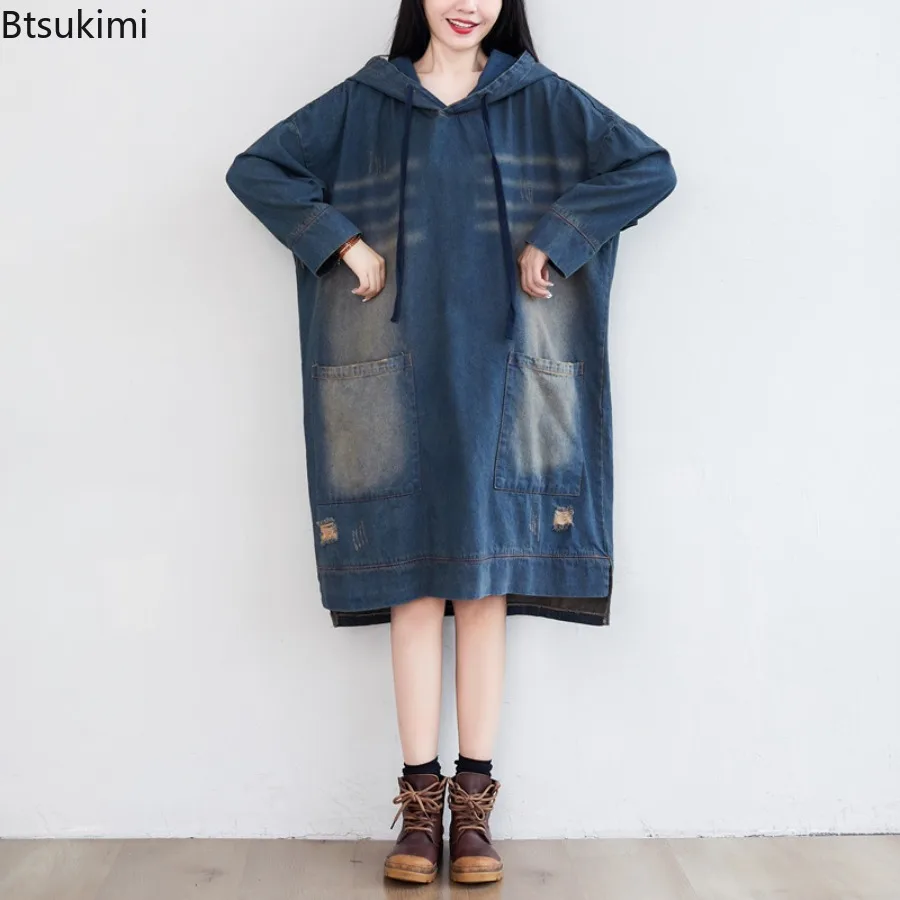 Spring Autumn New Women's Vintage Denim Hooded Long Dress Loose Casual Big Pockets Hoodies Women Sweatshirts Hip Hop Streetwear