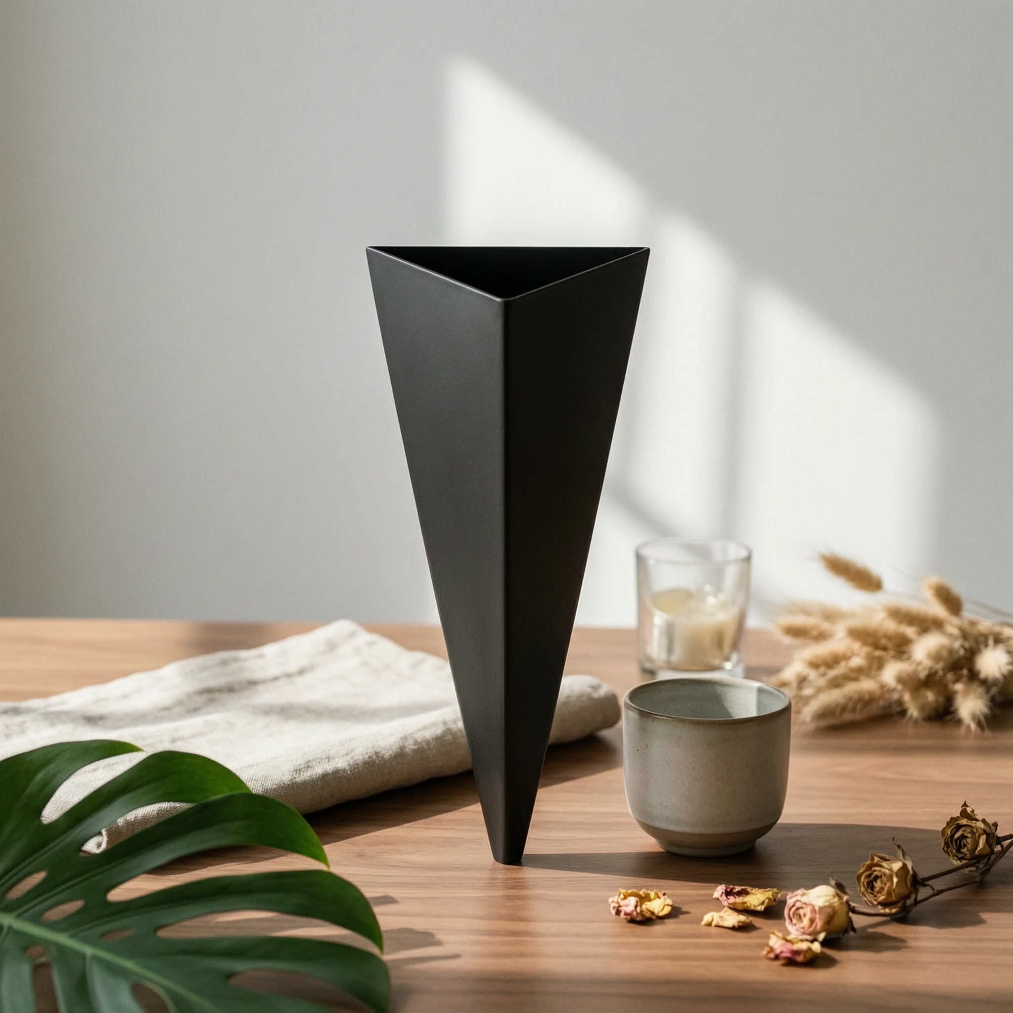 Cone Vase with Square Base Tapered Triangular Iron Vase Flower Holder Tabletop Vessel Modern for Minimalists, Living Room