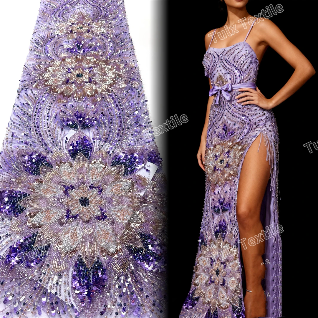 

2026 Высокое качество, французский тюль с блестками, сетчатая кружевная ткань, фиолетовая африканская кружевная ткань с бисером, нигерийская ткань для свадебного платья, вечерние шитья