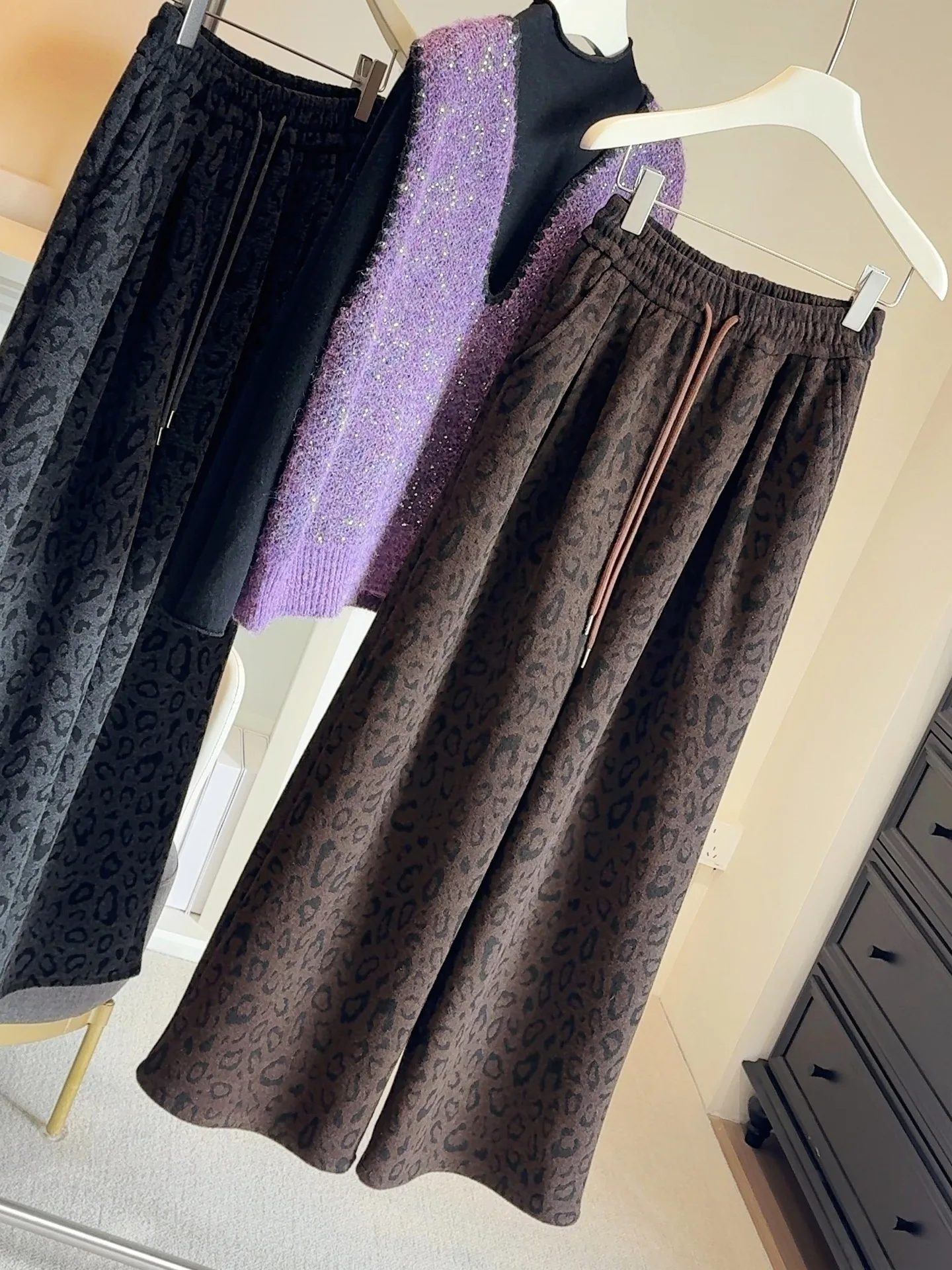 Women's Leopard Print Wide Leg Pants Autumn Winter Thiened Fce Drapey Floor-Length Straight Cut Trousers