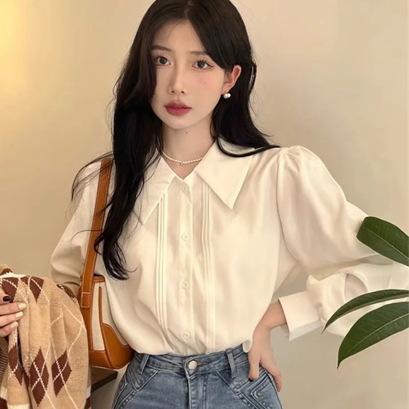 

Spring Autumn Polo-Neck Shirts Women 2025 White Long Sleeve Blouse for Woman Preppy Style Single Breasted Shirt Tops Female
