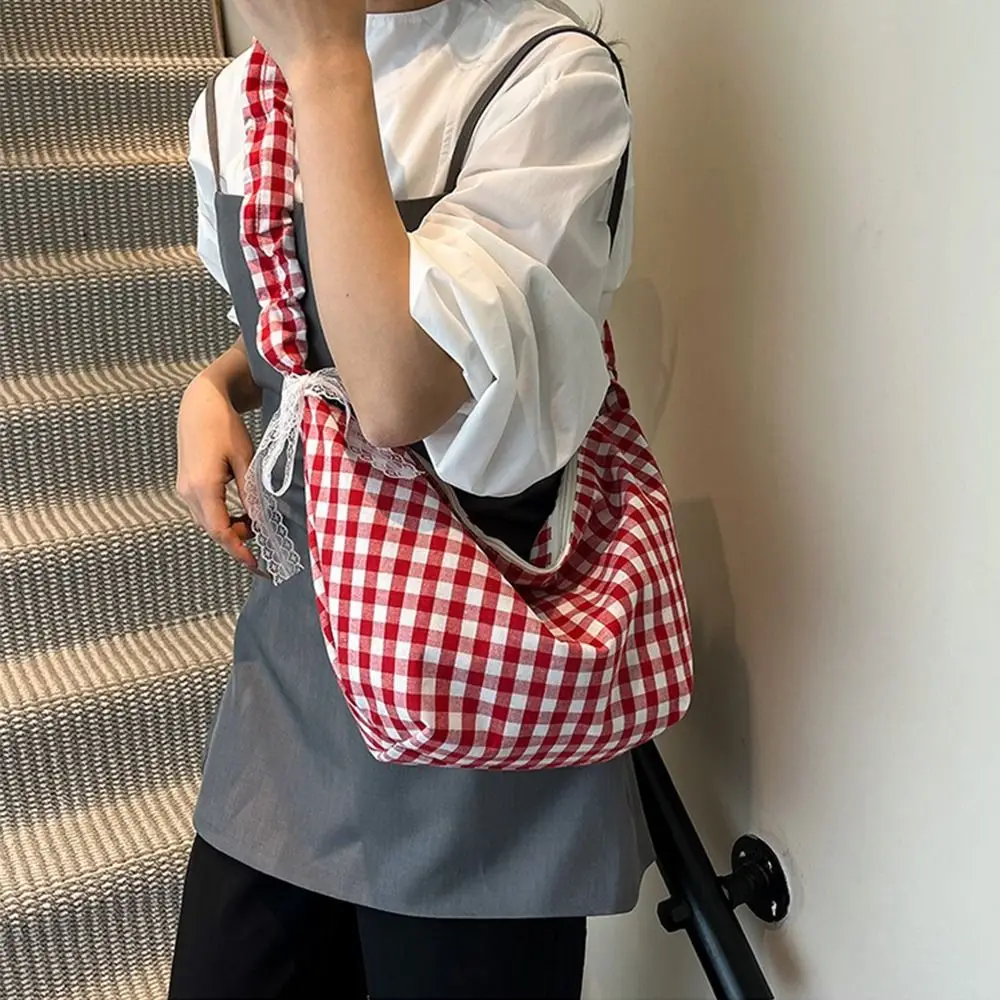 

Fashion Korean Hobos Shoulder Bag Half Moon Large Capacity Crossbody Bag Plaid Canvas Handbags Girls