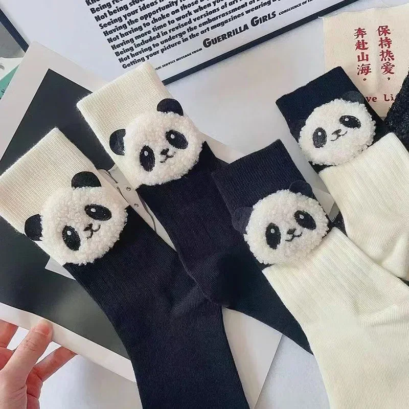 3D cartoon panda cute double needle anti odor mid tube socks Japanese internet celebrity trendy socks solid color simple socks