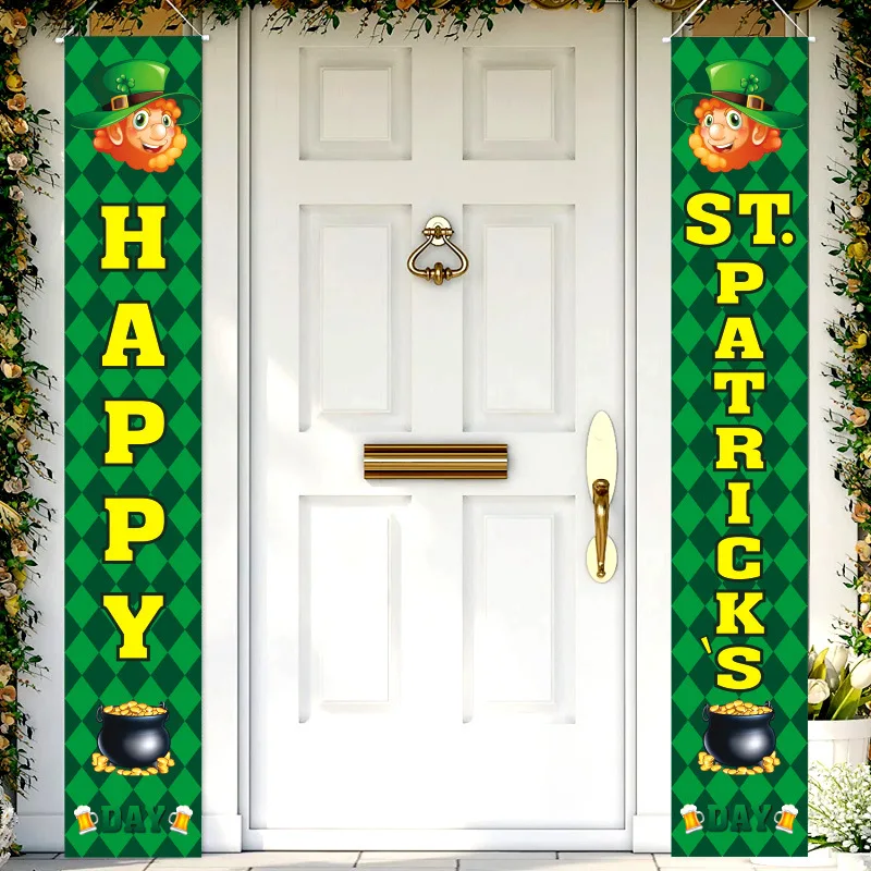 Happy St.Patrick’s Day Flag Porch Hanging Banner 1 Pair Gold Coin Clover Digital Printed Polyester Tapestry Holiday Party Decor