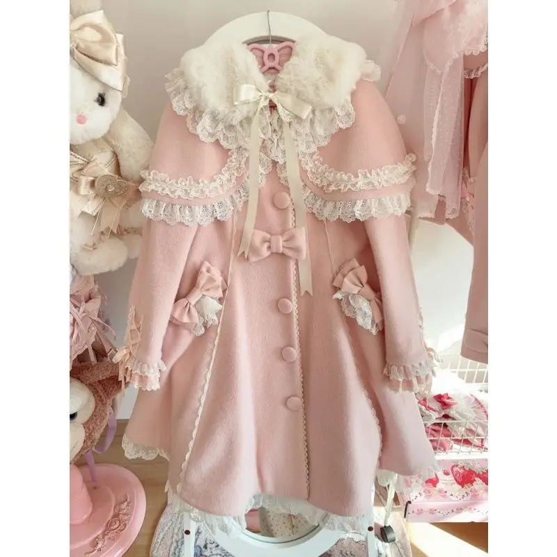 Japanese Lovely Woolen New Bow Mid-length Big Swing Slim Exquisite Blends Elegant Celebrity Princess Lazy All-match Coat