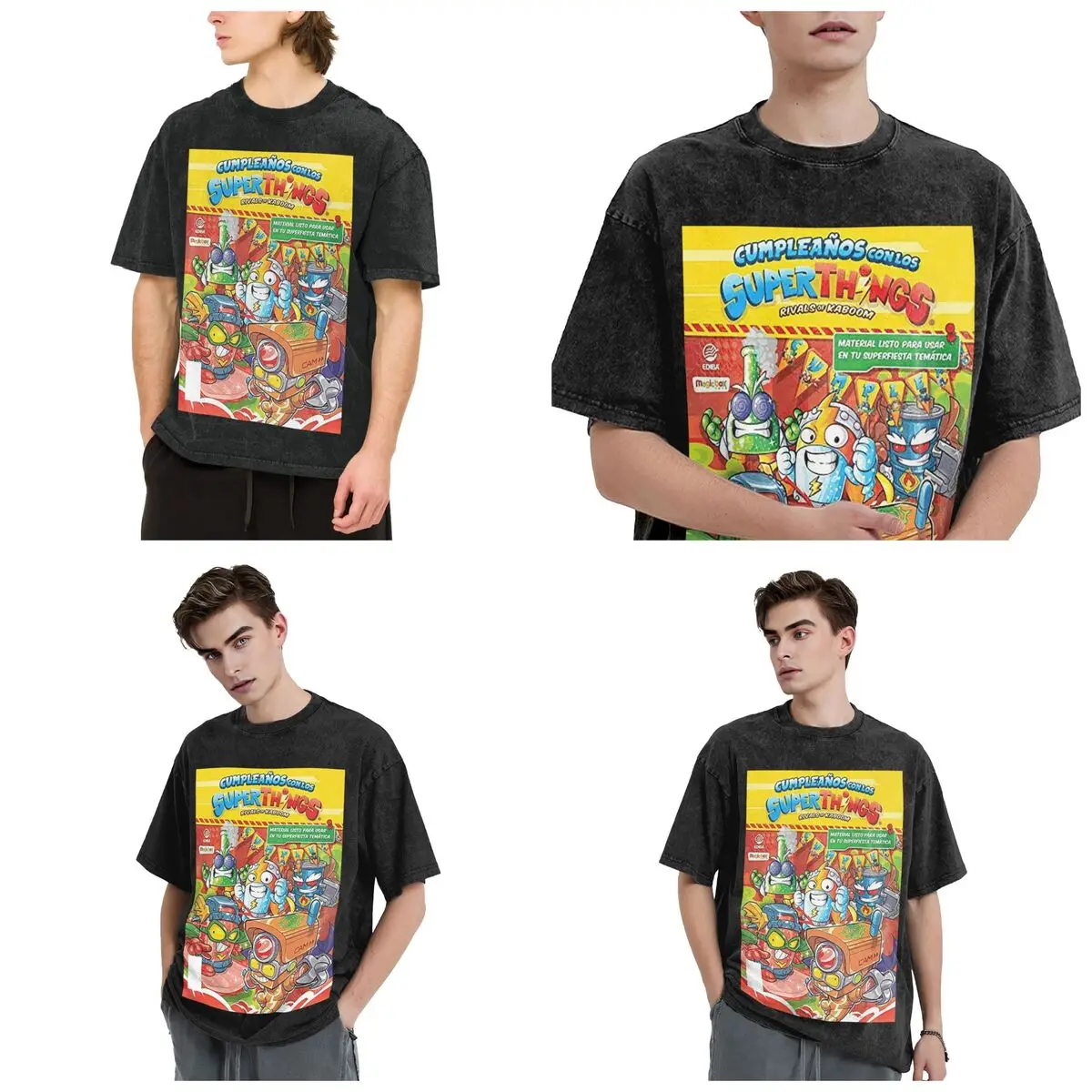 Streetwear T-Shirts Super Zings Superthings Cartoon Washed T Shirt Short Sleeve Hip Hop T-Shirt Tops Tees for Men Women
