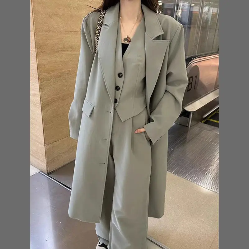 2-A5 Loose high-end suit for women in autumn big-name solid color single-breasted ide-leg pants three-piece set women\'s coat wi