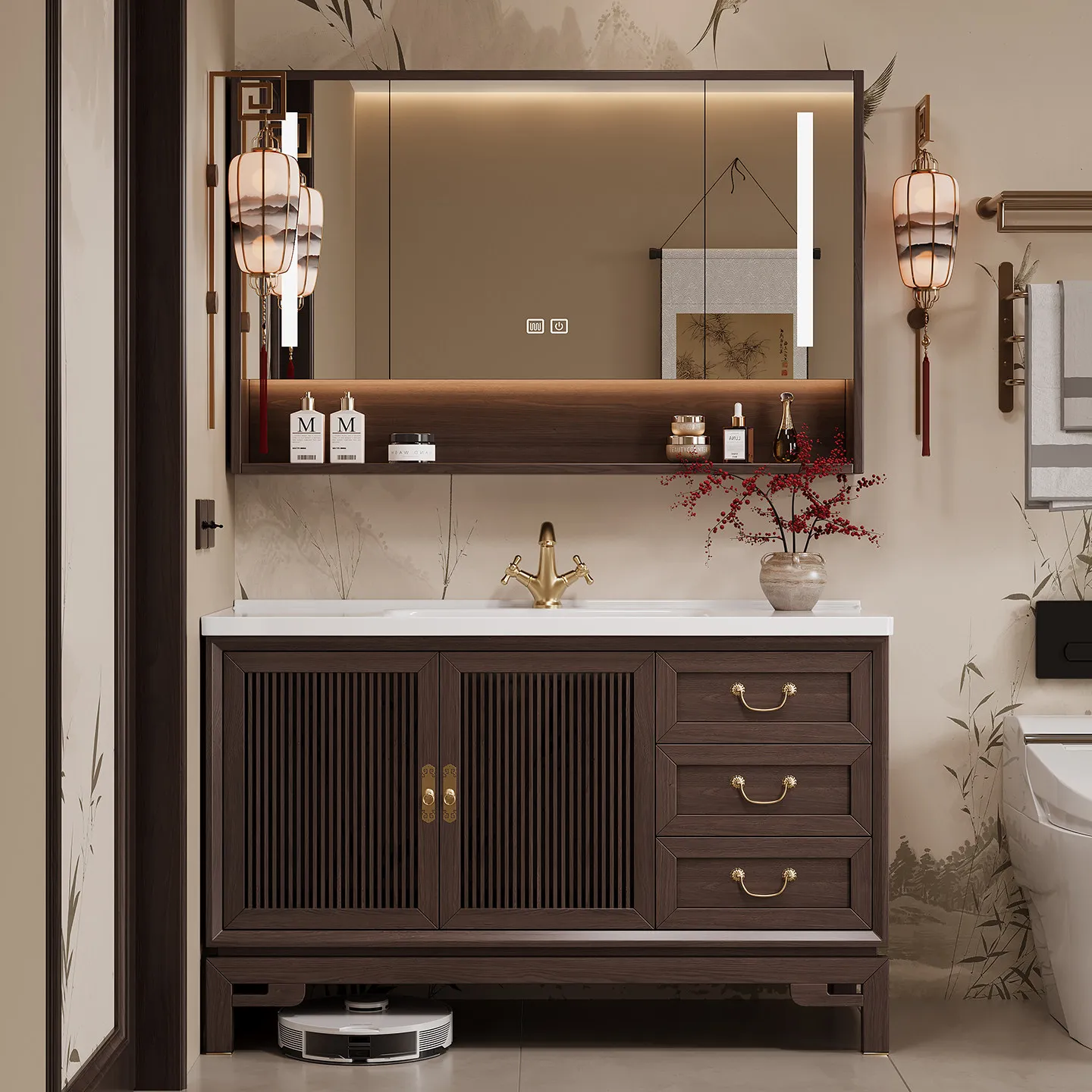 Oak bathroom cabinet combination, oak floor-to-ceiling bathroom cabinet, bathroom washbasin