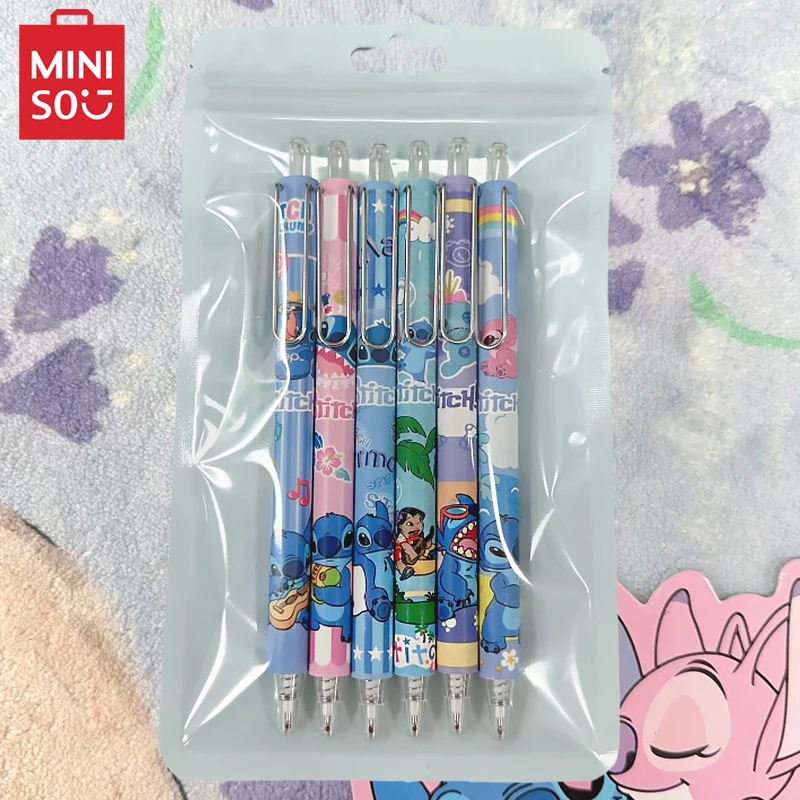 Miniso Kawaii Stitch 0.5mm Black Pen 6PCS for Students To Write Smoothly Plastic Press Neutral Gel Pen Office School Stationery