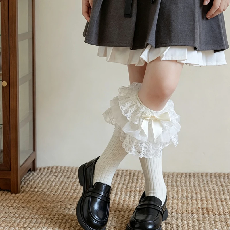 Adorable Girls Mid Calf Socks Lolita Tiered Oversize Lace Bow Ornate Victorian Soft Knitted Leg Warmers Luxe Kids Long Sockens