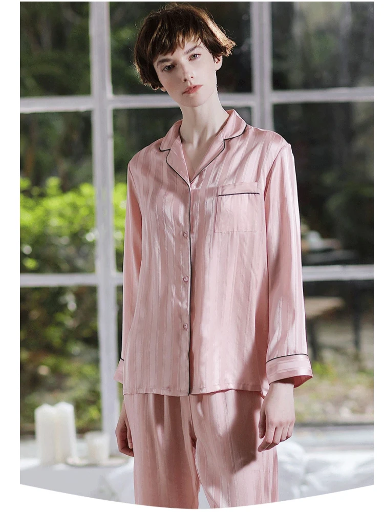Women's 100% Mulberry Silk Pajama Set Pink Jacquard Loungewear Autumn Sleepwear Long Sleeve Homewear Lapel Pajamas Casual Outfit