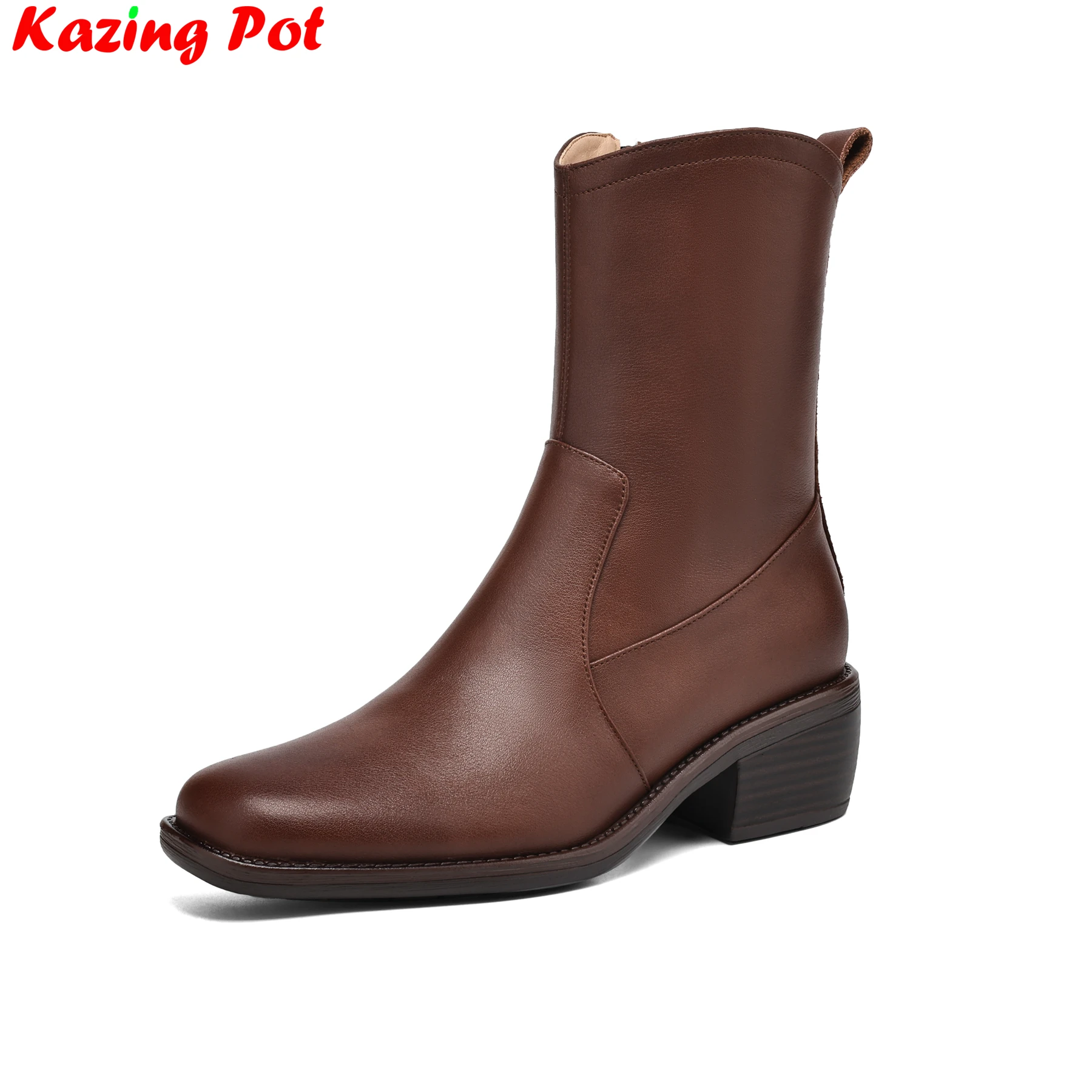 

Krazing Pot Plus Size 34-43 Cow Skin Round Toe Zipper Med Heels Retro Modern Western Boots Warm Winter Shoes Fashion Ankle Boots