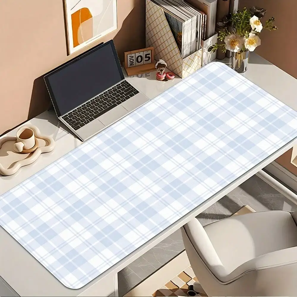 1pc Light Blue Plaid Gaming Mouse Pad, With Non-Slip Rubber Base, Washable Desk Mat, Soft Surface, Suitable For Computer, Office, School And Home Decor, Perfect