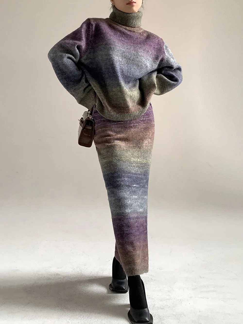 

European and American Women's Knitted Gradient Color High Waist Lifted Hip Skirt Spring High Waist Long Skirt