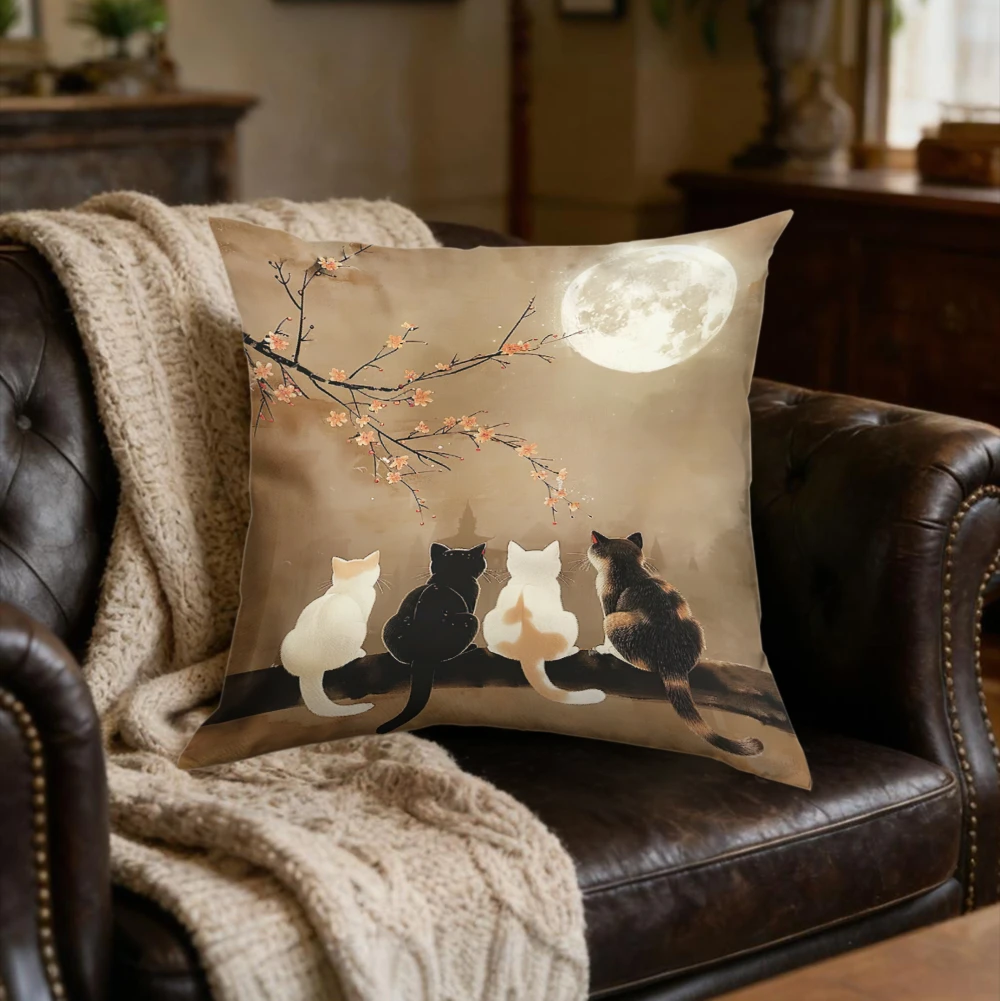 1pc Vintage Style Cushion Cover Beige Moon Cats Branches Pillowcase For Sofa Bedroom Decorative Throw Case Home Living Room x-2