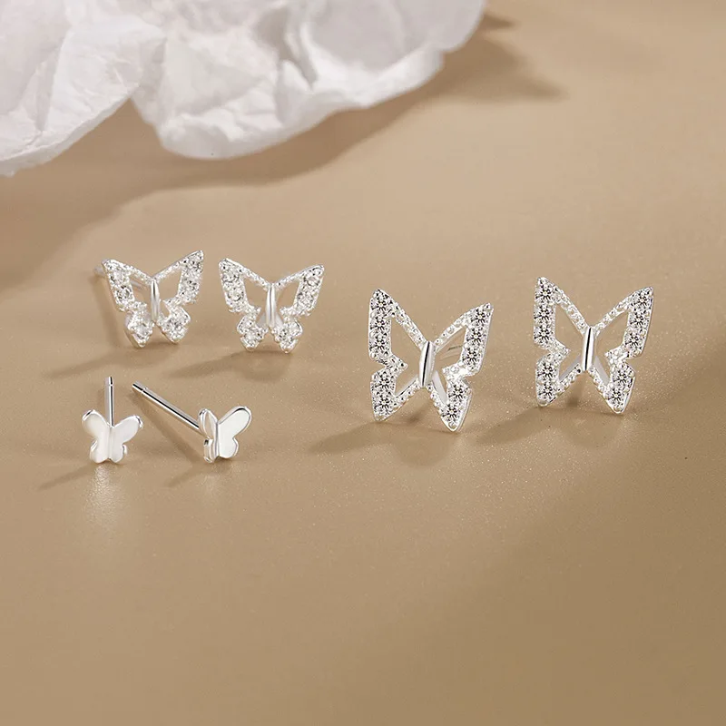 925 Sterling Silver Butterfly Earrings Sparkling Zircon Minimalist Earrings Women's Stacked Earrings Birthday Gift Jewelry