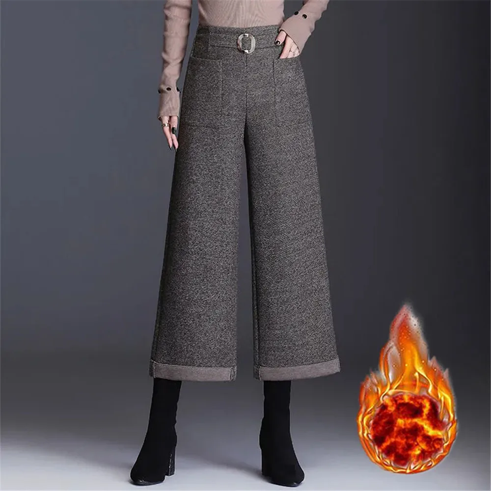 

Thicken Wool Wide Leg Pants Women'S High Waist Fall Winter Loose Casual Capri-Pants Vintage Cuffs Woolen Pants Plus Size 3xl