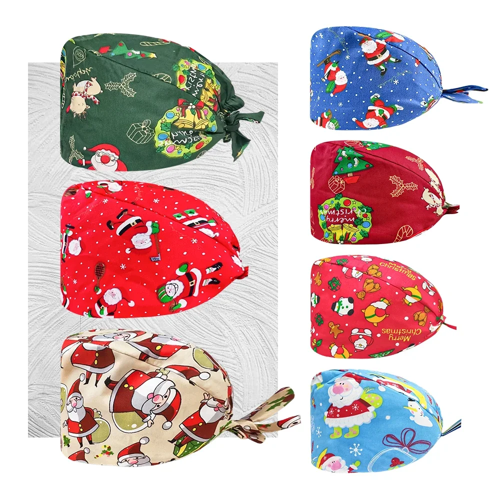 Christmas unisex scrub cap Button print Scrub Nurse uniform Accessories Pet shop Chef Lab work Surgical hospital accessories