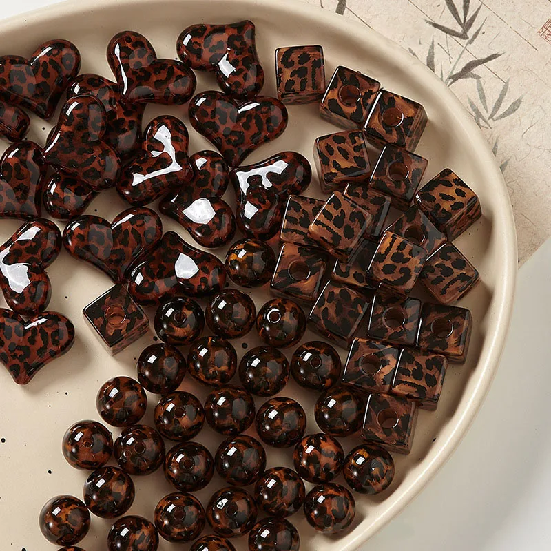 10pcs Acrylic Leopard Print Heart-Shaped Star Irregular Straight Holes Loose Beads DIY Jewelry Accessories Making for Bracelet