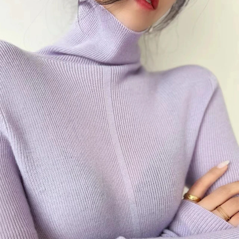 

Seamless Wool Sweater Women's High Lapel Knitted Pullover Autumn/Winter Close Fitting Comfort Fashion Warm Sweater Top 15 colour