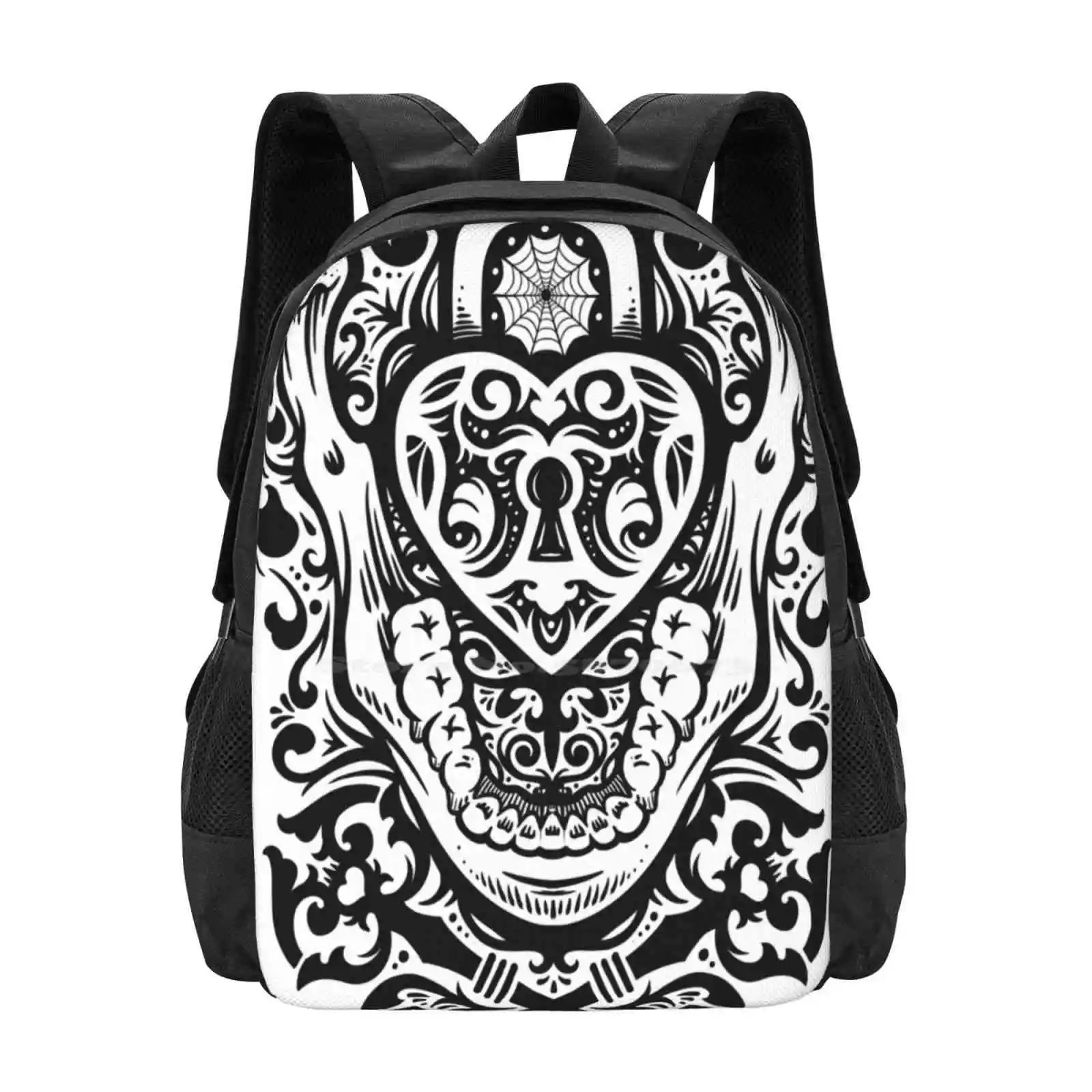 The Key To My Teeth 3d Print Design Backpack Student Bag Skull Bone Heart Key Lock Horror Metal Punk